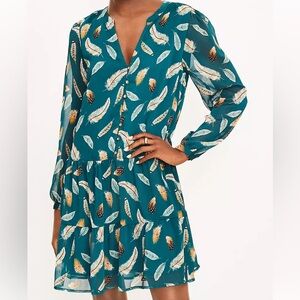 Loft Like New Green Boho Feather Print Dress